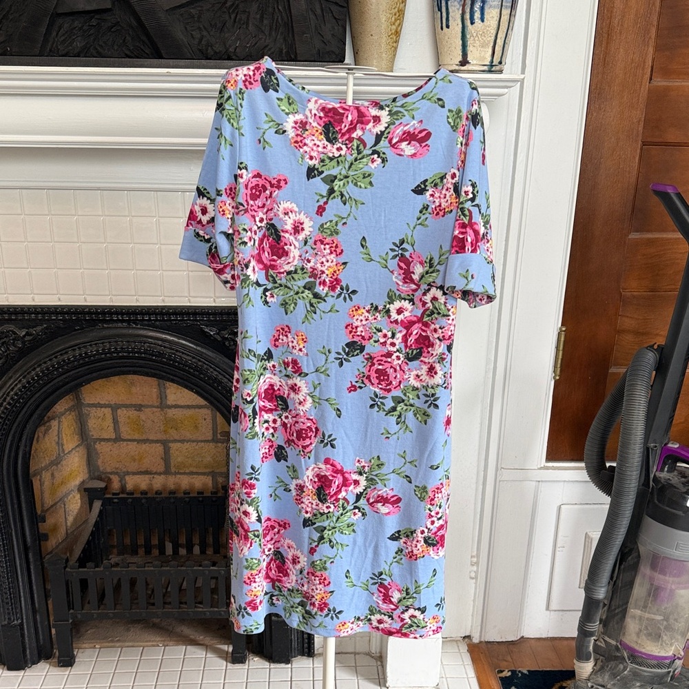 Karen Scott Floral Pink and Blue Midi Dress with cuffed sleeves- worn about 3x